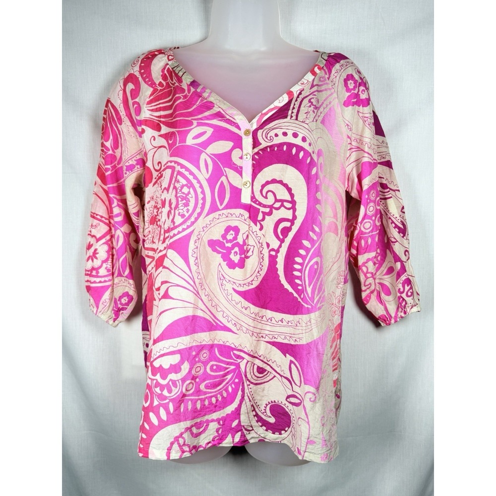 Tommy Bahama Silk‎ Cotton Paisley Tunic Blouse Womens XS Pink Resort Boho Vaca